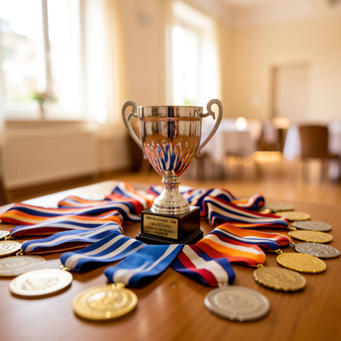 Petit trophée sur une table en bois, avec rubans et médailles disposés autour, ambiance de remise de prix en intérieur, lumière naturelle chaleureuse et arrière-plan flou.