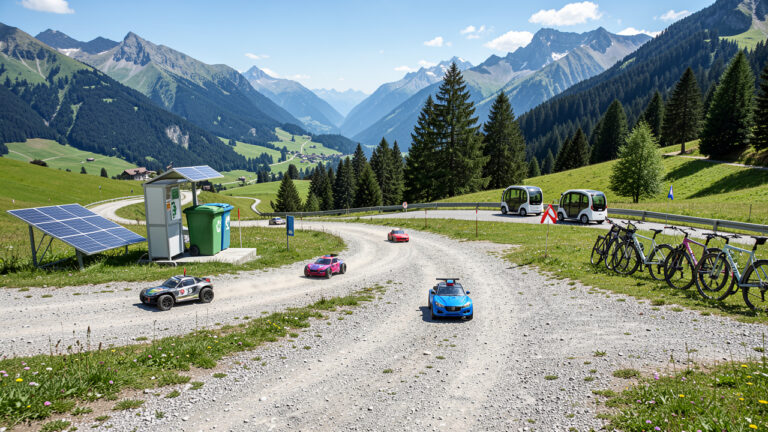 Course de voitures télécommandées électriques sur un circuit alpin, avec panneaux solaires, tri des déchets et mobilité douce en arrière-plan.