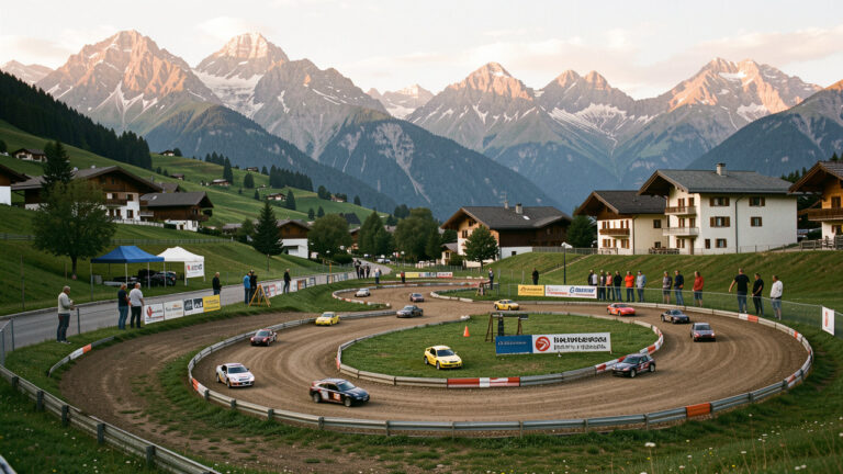 Circuit de voitures radiocommandées installé dans un village savoyard, avec des dispositifs de réduction du bruit et les montagnes alpines en arrière-plan.
