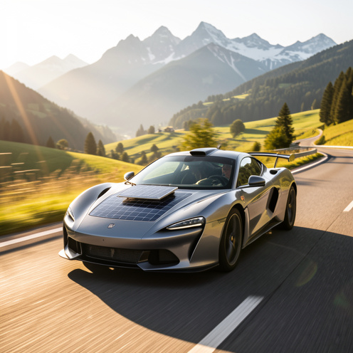 Voiture de course solaire filant sur une route ensoleillée près des montagnes, lumière dorée de fin de journée, effet de vitesse, détails réalistes du véhicule.