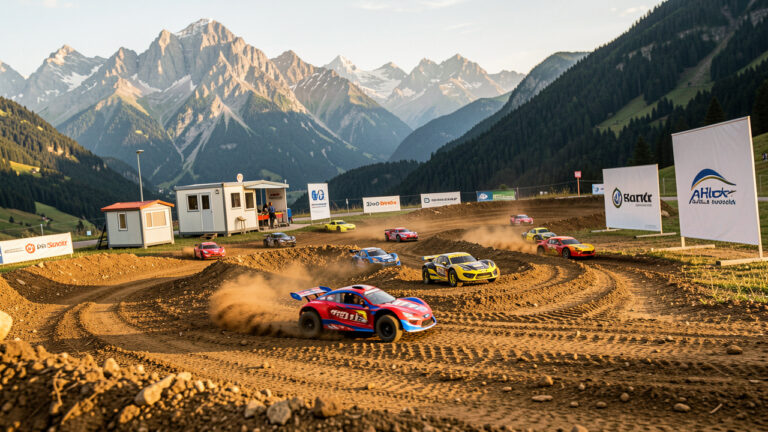 Voitures radiocommandées colorées en course sur un circuit miniature devant un paysage montagneux des Alpes françaises, avec des supports de présentation vierges.
