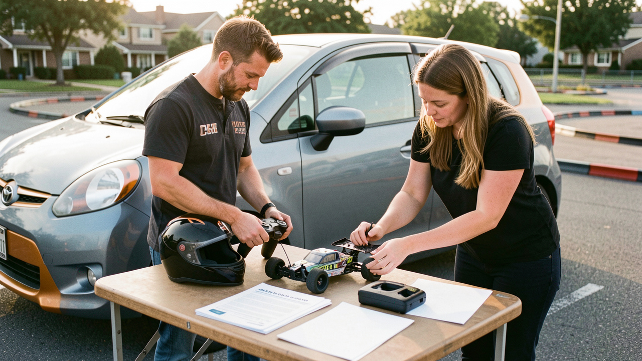Un homme et une femme préparent une voiture radiocommandée et des documents d’assurance vierges avant un trajet partagé vers une piste de course RC.