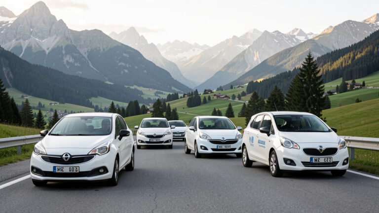 Plusieurs voitures compactes circulent ensemble sur une route alpine entourée par les montagnes et les vallées de Savoie et de Haute-Savoie.