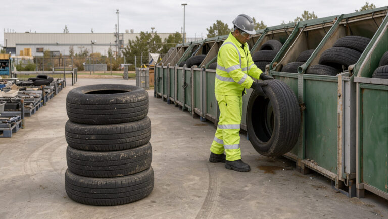 Déchetterie propre avec des pneus usagés triés dans une zone de collecte dédiée au recyclage.