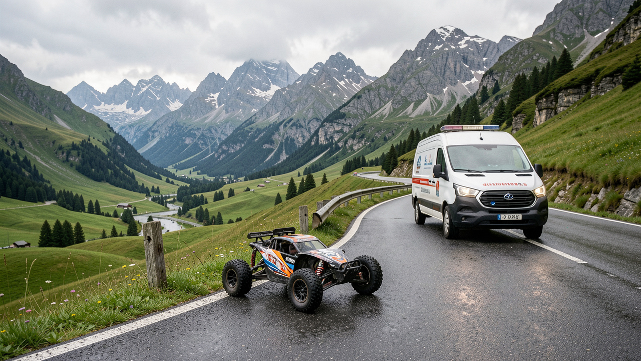 Voiture radiocommandée immobilisée au bord d’une route alpine en Savoie, avec un véhicule d’assistance arrivant dans un paysage montagneux.