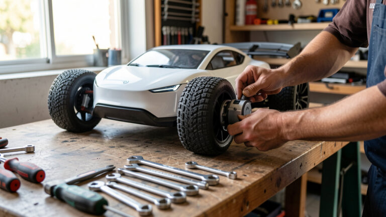 Garage lumineux où l’on organise l’entretien d’une voiture RC électrique : outils disposés, contrôle de l’alignement des pneus et vérification des éléments mécaniques pour rester performant toute la saison.