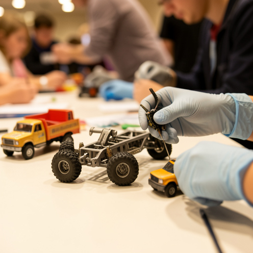 Miniatures de châssis et camions RC sur une table, pendant un événement de collecte, ambiance chaleureuse, lumière naturelle et détails nets.