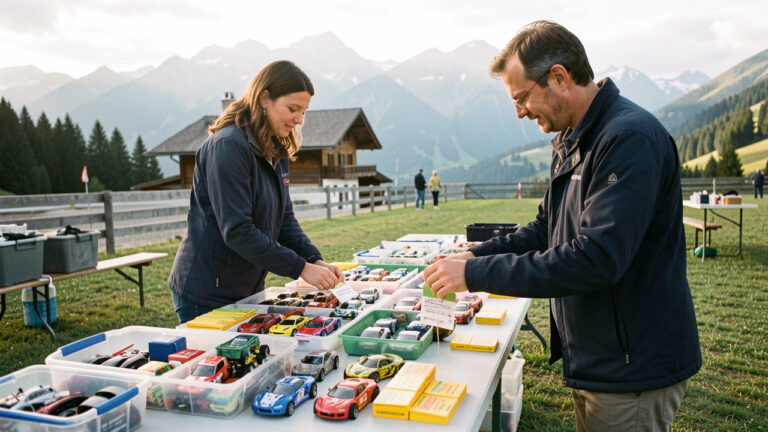 Une coordinatrice et un assistant organisent des voitures radiocommandées en plusieurs catégories sur une table, dans un cadre alpin de Savoie et Haute-Savoie.