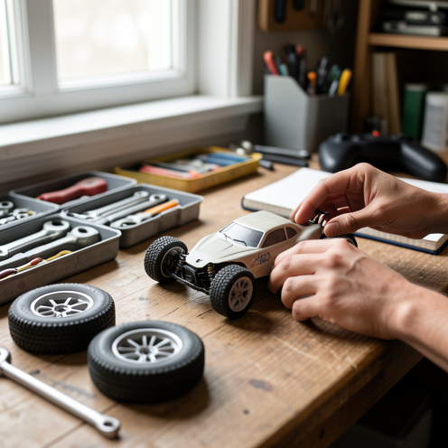 Petite voiture RC sur un établi en bois, outils et accessoires à côté, mains en train d’ajuster les roues sous une lumière naturelle douce.