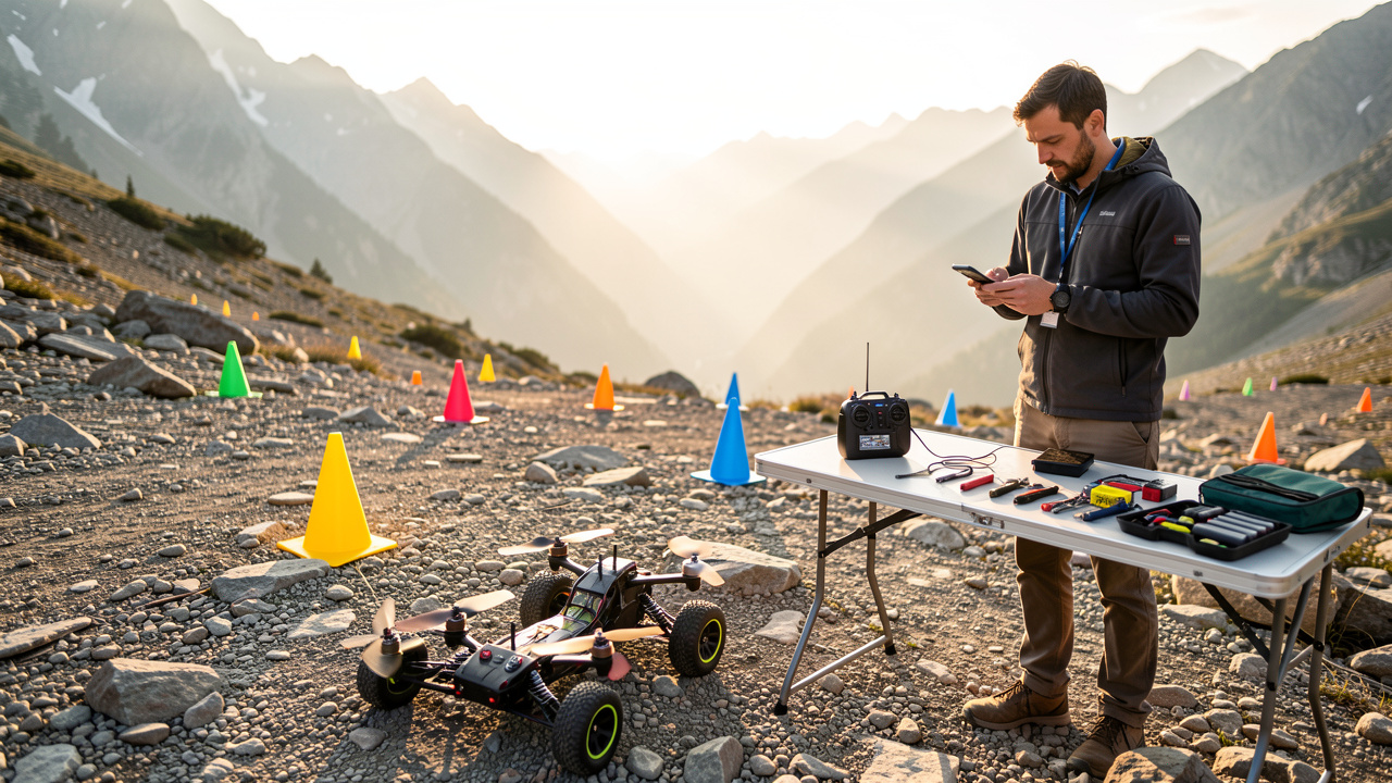 Installation réaliste pour une course de voitures radiocommandées en montagne : contrôleurs, batteries et matériel de maintenance sur un terrain rocheux, lumière dorée et ambiance logistique près d’une table pliable.