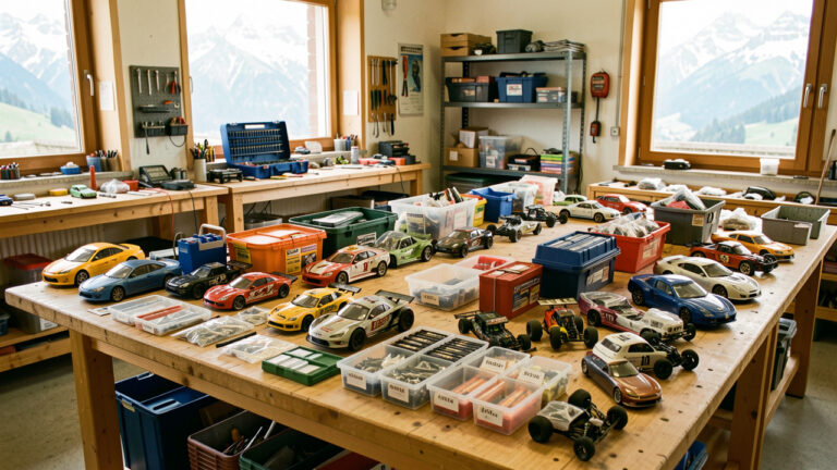 Matériel de modélisme radiocommandé organisé dans un atelier partagé, avec voitures miniatures, outils, pièces détachées et montagnes alpines en arrière-plan.