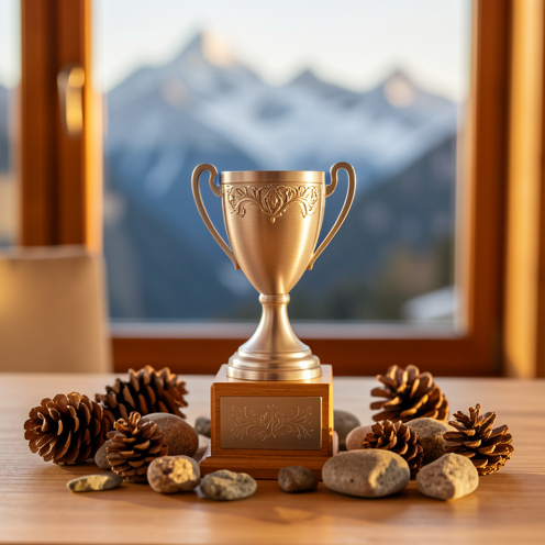 Un petit trophée miniature sur un présentoir en bois, éclairage doré et ambiance chalet des Alpes, avec des pierres alpines et des pommes de pin en arrière-plan flou.