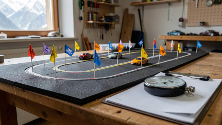 Tableau de course de voitures radiocommandées sur une piste miniature, avec de petits véhicules au départ et un chronomètre près d’une fiche, dans un atelier en Savoie.