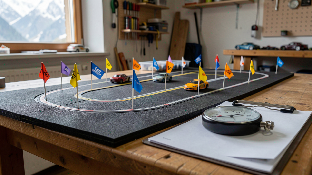 Tableau de course de voitures radiocommandées sur une piste miniature, avec de petits véhicules au départ et un chronomètre près d’une fiche, dans un atelier en Savoie.