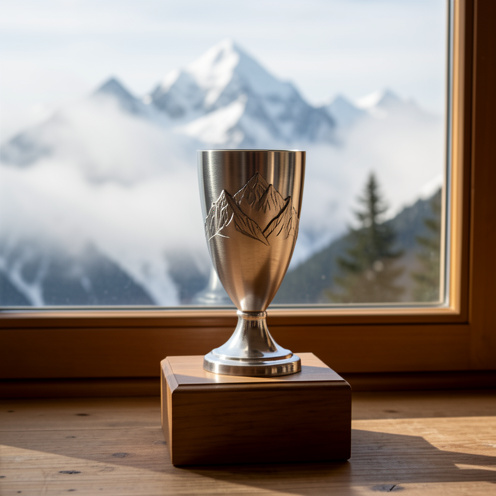 Petit trophée en métal argenté sur un piédestal en bois, ambiance alpine avec la brume matinale et des sommets enneigés visibles en arrière-plan.