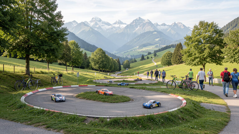 Voitures radiocommandées sur une piste extérieure entourée de vélos, de promeneurs et de paysages alpins en Savoie ou Haute-Savoie.