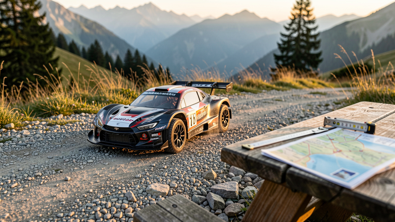 Voiture télécommandée roulant sur un chemin de montagne en gravier, avec une carte pliée et un petit mètre-ruban sur une table de pique-nique, lumière dorée et paysages alpins en arrière-plan.
