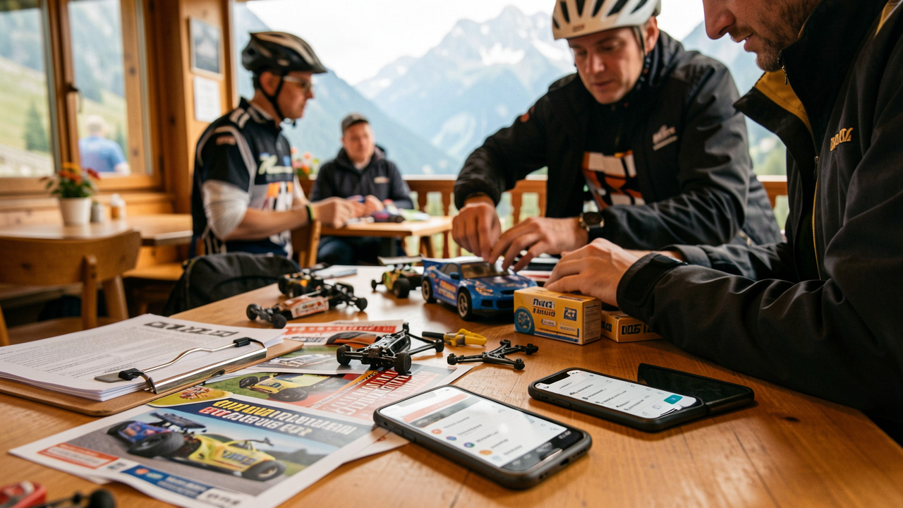 Scène réaliste de préparation d’une course de voitures radiocommandées en Savoie, avec des sponsors et partenaires locaux autour d’une table dans un café de montagne, ambiance chaleureuse et documents de planification, arrière-plan alpin flou