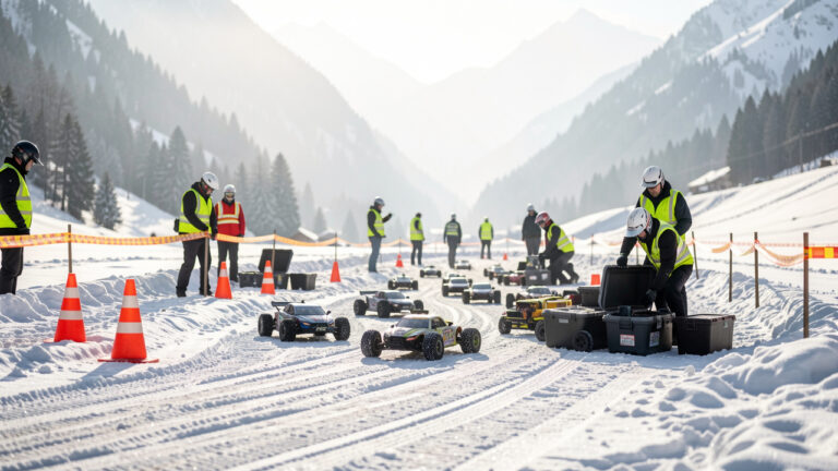 Mise en place d’une course de voitures radiocommandées dans un paysage alpin enneigé avec cônes, barrières et équipements de sécurité, prise de vue documentaire naturelle.