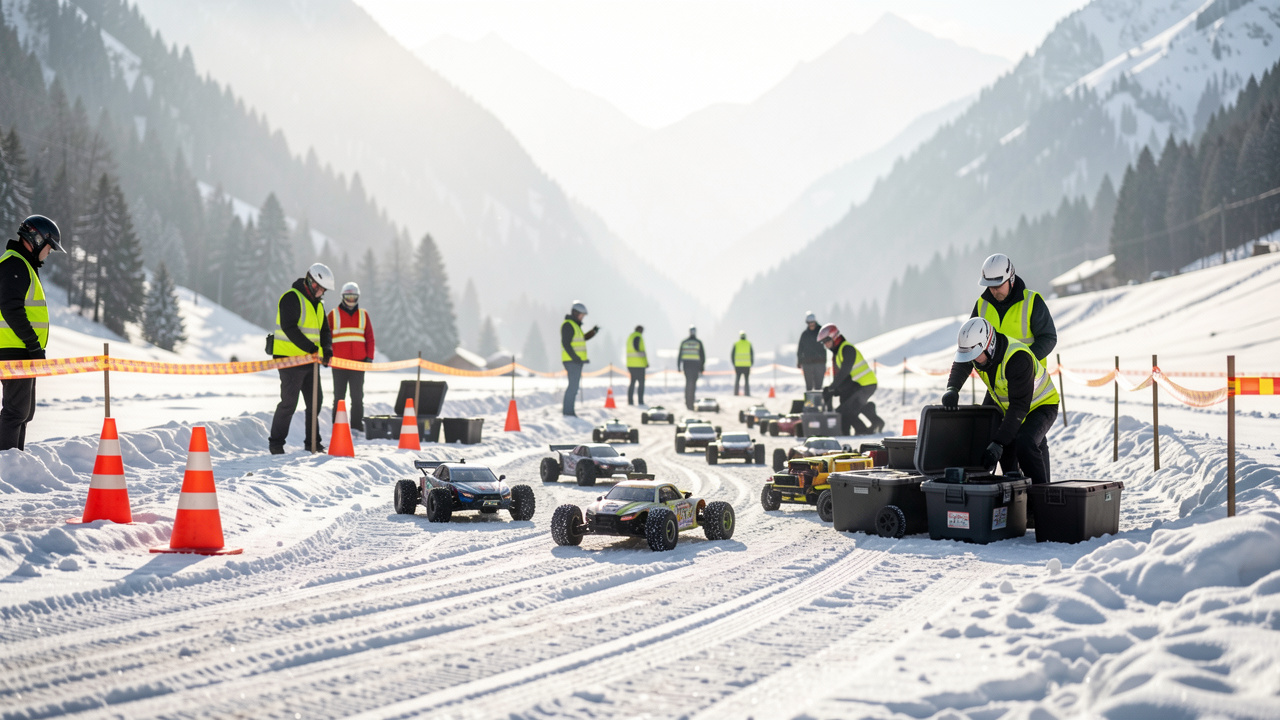 Mise en place d’une course de voitures radiocommandées dans un paysage alpin enneigé avec cônes, barrières et équipements de sécurité, prise de vue documentaire naturelle.