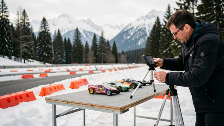 Installation réaliste d’une piste de voitures RC en zone alpine, avec matériel de course et barrières, vue sur les montagnes de Savoie par lumière naturelle.