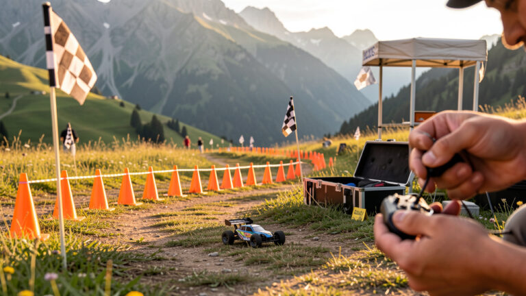 Course de voitures radiocommandées sur un sentier alpin en Savoie ou Haute-Savoie, avec une piste balisée pour la sécurité, du matériel de contrôle et une ambiance photo documentaire en lumière dorée.