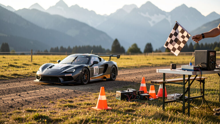 Voiture radiocommandée sur une piste en Savoie, avec cônes de sécurité et table de contrôle près du départ, lumière dorée et montagnes au loin.