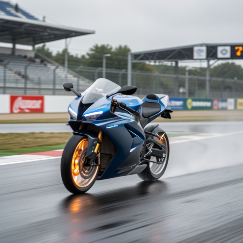 Piste d’une course de moto électrique avec une machine sportive en accélération, tarmac humide et ambiance de compétition sur un circuit de championnat.