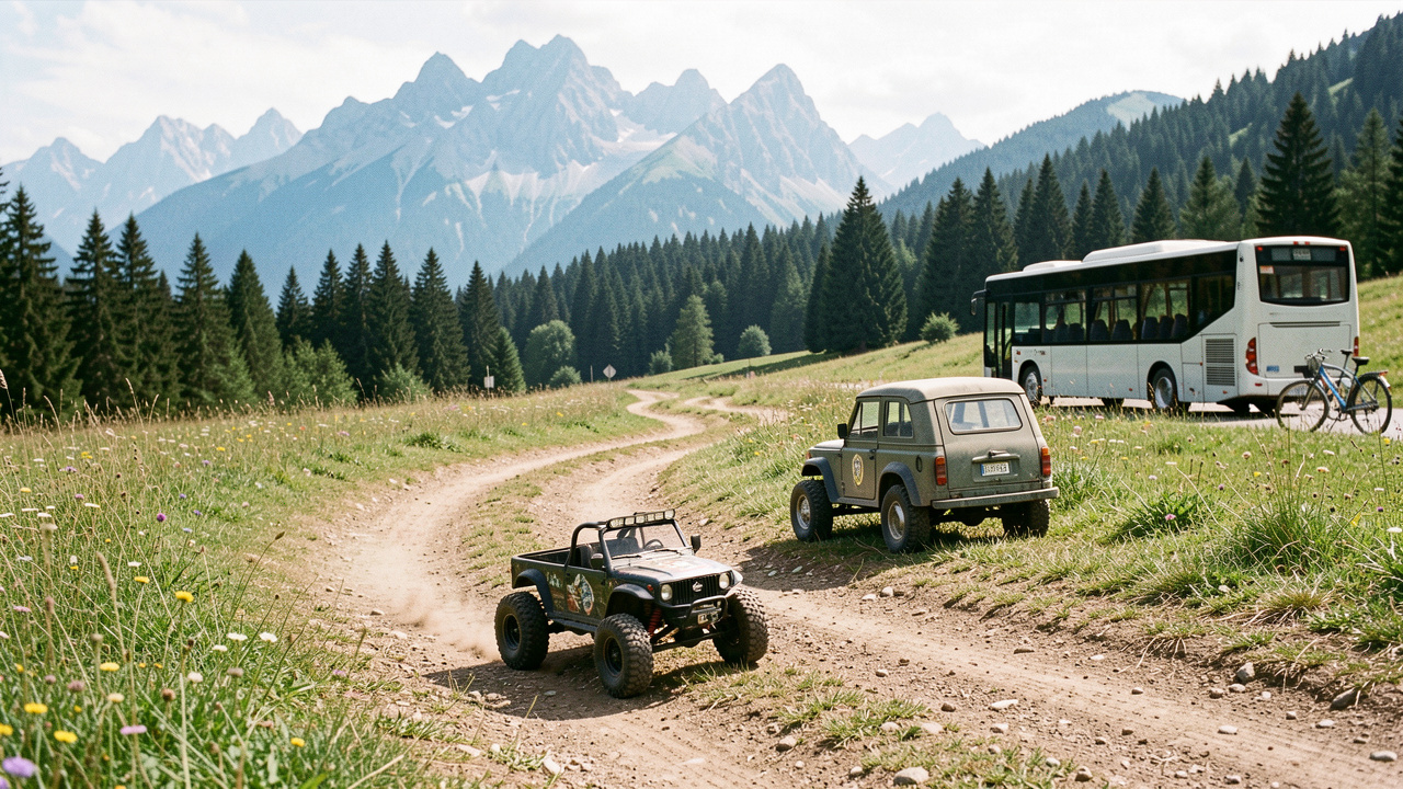 Piste de modélisme radiocommandé en pleine nature alpine, avec des montagnes de Savoie et de Haute-Savoie, un bus collectif générique et des vélos suggérant un accès sans voiture individuelle.