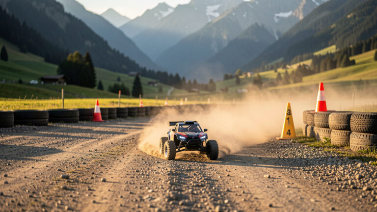Petite voiture radiocommandée roulant sur une piste en terre dans une vallée alpine, éclairage doré, poussière et textures du gravier, barrières et cônes de sécurité visibles.