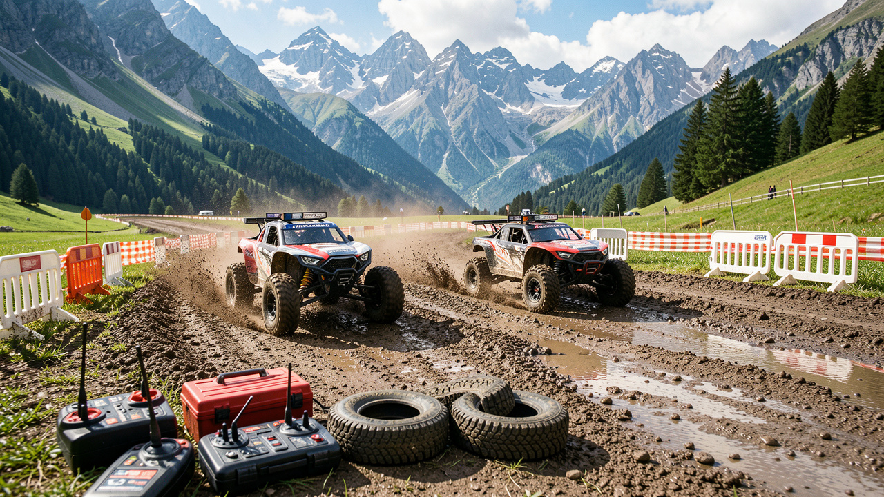 Deux voitures radiocommandées de tout-terrain se disputent une course sur une piste en terre, avec les montagnes de Savoie et de Haute-Savoie en arrière-plan et du matériel de modélisme au premier plan.