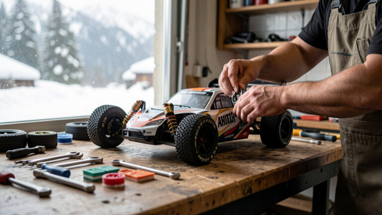 Préparation technique d’une voiture RC sur un établi, avec changement de pneus et réglages de suspension, dans un garage donnant sur un paysage montagneux enneigé en Savoie ou Haute-Savoie.