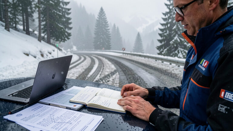 Préparation d’une manche de rallye en montagne : carnet et réglages posés sur le capot d’une voiture, route humide et traces de pneus, météo de l’aube en Savoie avec brume et léger flocon.