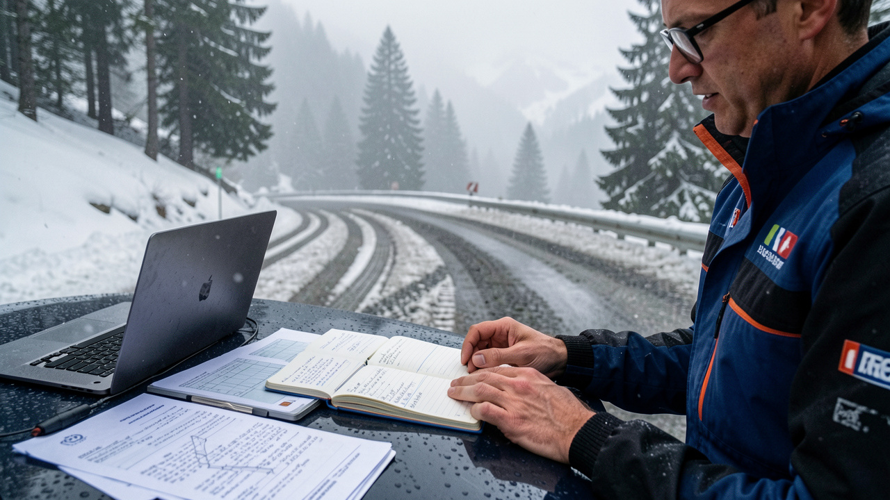 Préparation d’une manche de rallye en montagne : carnet et réglages posés sur le capot d’une voiture, route humide et traces de pneus, météo de l’aube en Savoie avec brume et léger flocon.