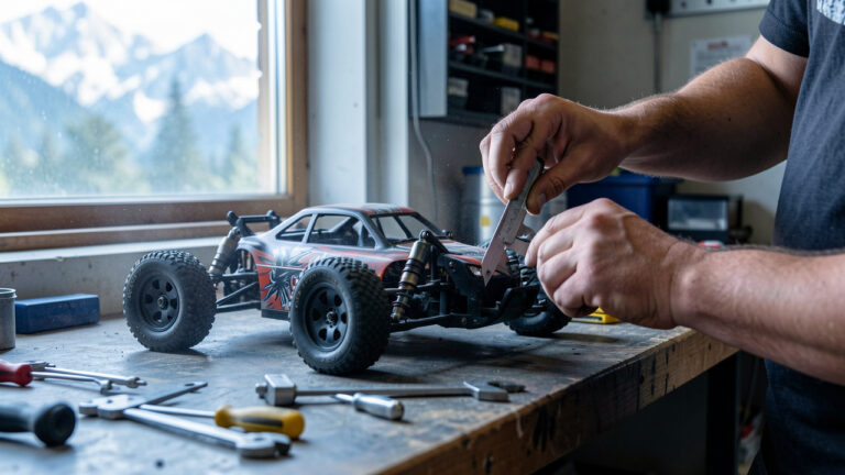 Préparation d’une voiture RC de course sur un établi : réglage de la suspension, contrôle de l’alignement et vérification des roues, lumière naturelle en atelier.