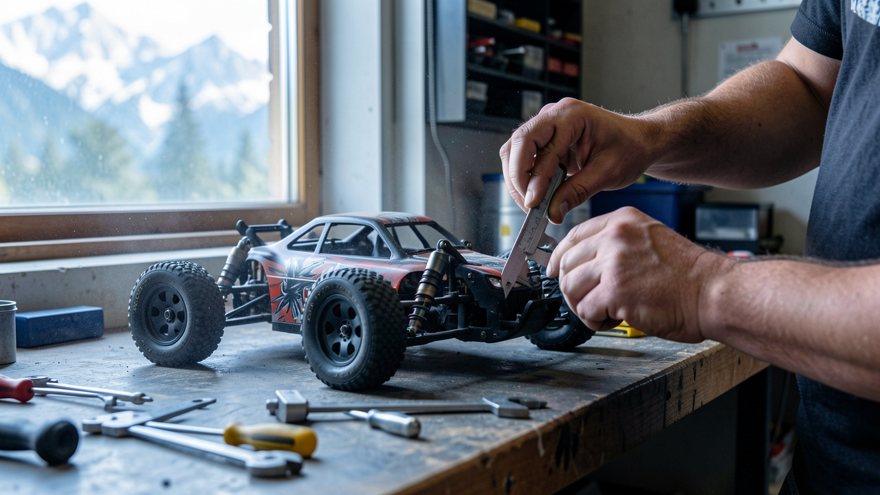 Préparation d’une voiture RC de course sur un établi : réglage de la suspension, contrôle de l’alignement et vérification des roues, lumière naturelle en atelier.
