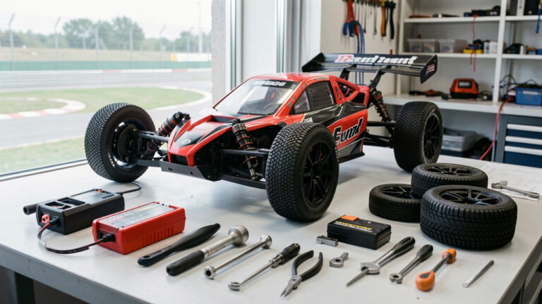 Voiture RC électrique rouge et noire en préparation sur un établi, entourée d’une batterie, d’un chargeur, d’outils et de pièces de rechange avant une course.