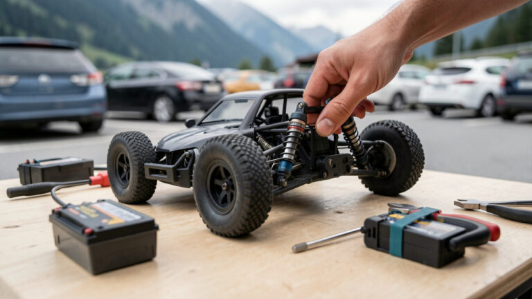 Vue réaliste d’une voiture RC sur une table, avec un réglage des amortisseurs et la vérification des pneus, dans une ambiance de parking alpin, éclairage naturel doux.