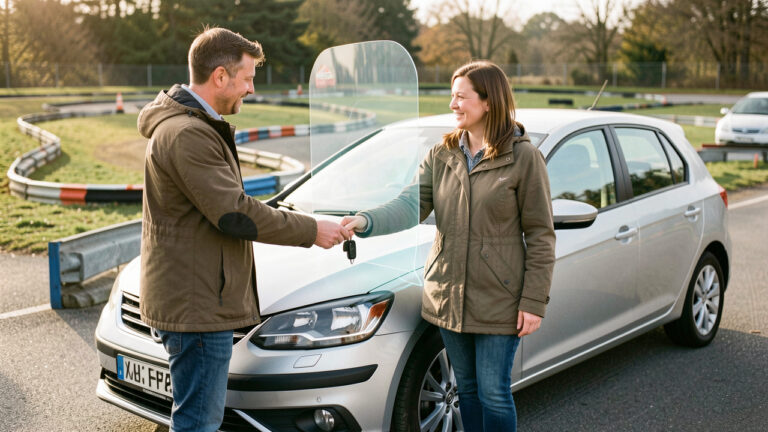 Un homme remet les clés d’une voiture à une femme près d’un circuit de voitures radiocommandées, avec un symbole de protection évoquant l’assurance automobile.