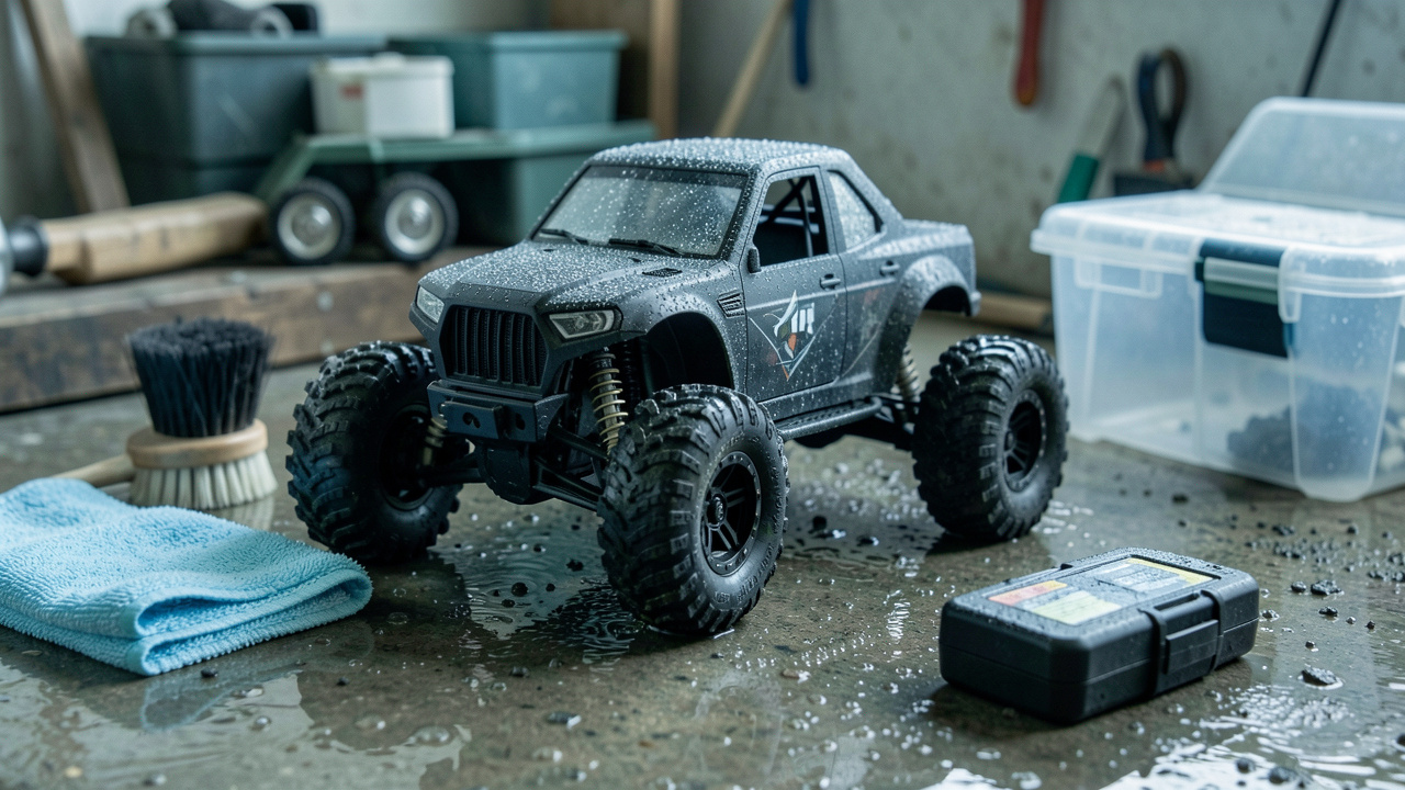Voiture radiocommandée électrique tout-terrain séchée avec un chiffon et rangée avec ses accessoires de protection contre l’humidité.