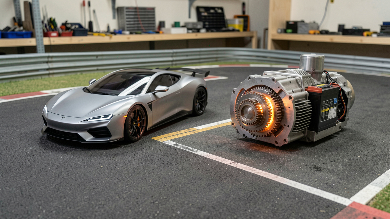 Voiture radiocommandée électrique en essai sur une piste miniature, avec transmission mécanique visible et légère chaleur autour du moteur.