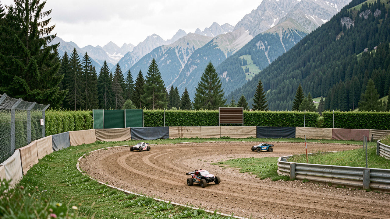 Voitures radiocommandées électriques circulant sur une piste entourée de dispositifs d’absorption acoustique, avec les montagnes alpines de Savoie et de Haute-Savoie en arrière-plan.