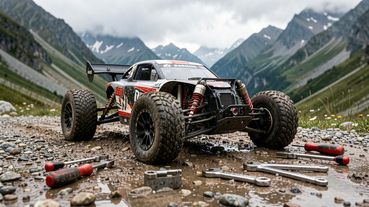 Voiture RC électrique équipée d’amortisseurs réglables sur une piste alpine alternant gravier et terrain rocheux.