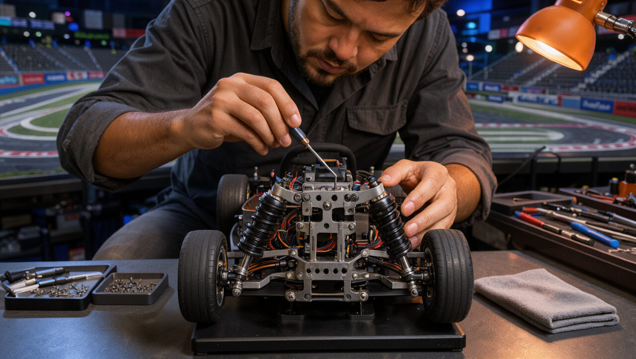 Un homme règle avec précision le servo de direction d’une voiture RC électrique sur un établi, avec un circuit miniature flou en arrière-plan.