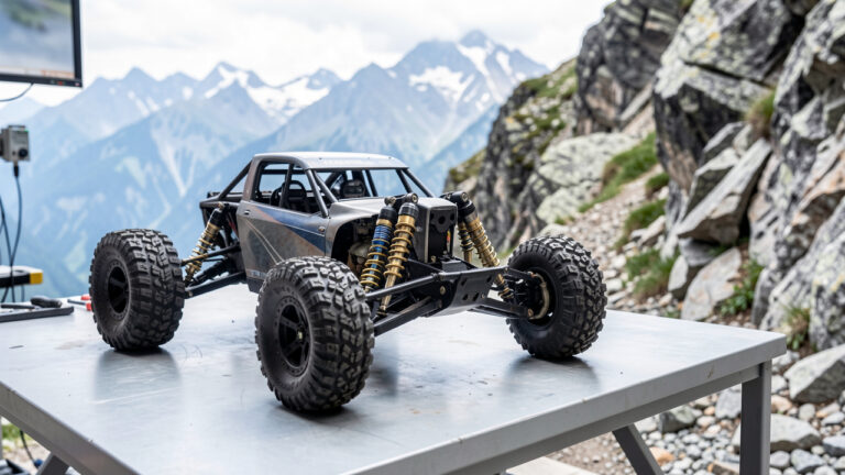 Voiture radiocommandée tout-terrain avec suspension réglable et garde au sol élevée, présentée dans un atelier proche d’un paysage alpin savoyard.