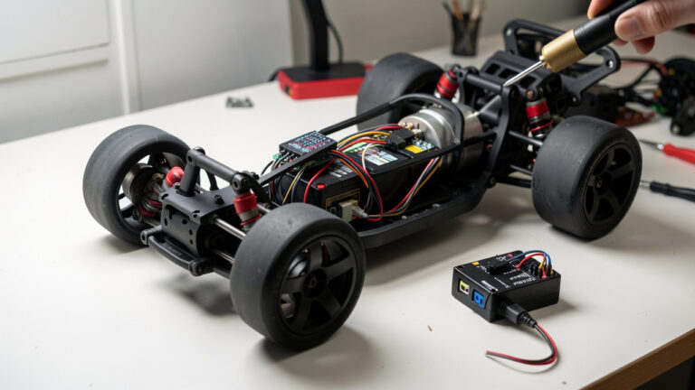 Voiture radiocommandée électrique sur un établi, avec le châssis ouvert et le variateur électronique ajusté avec précision près du moteur et de la batterie.