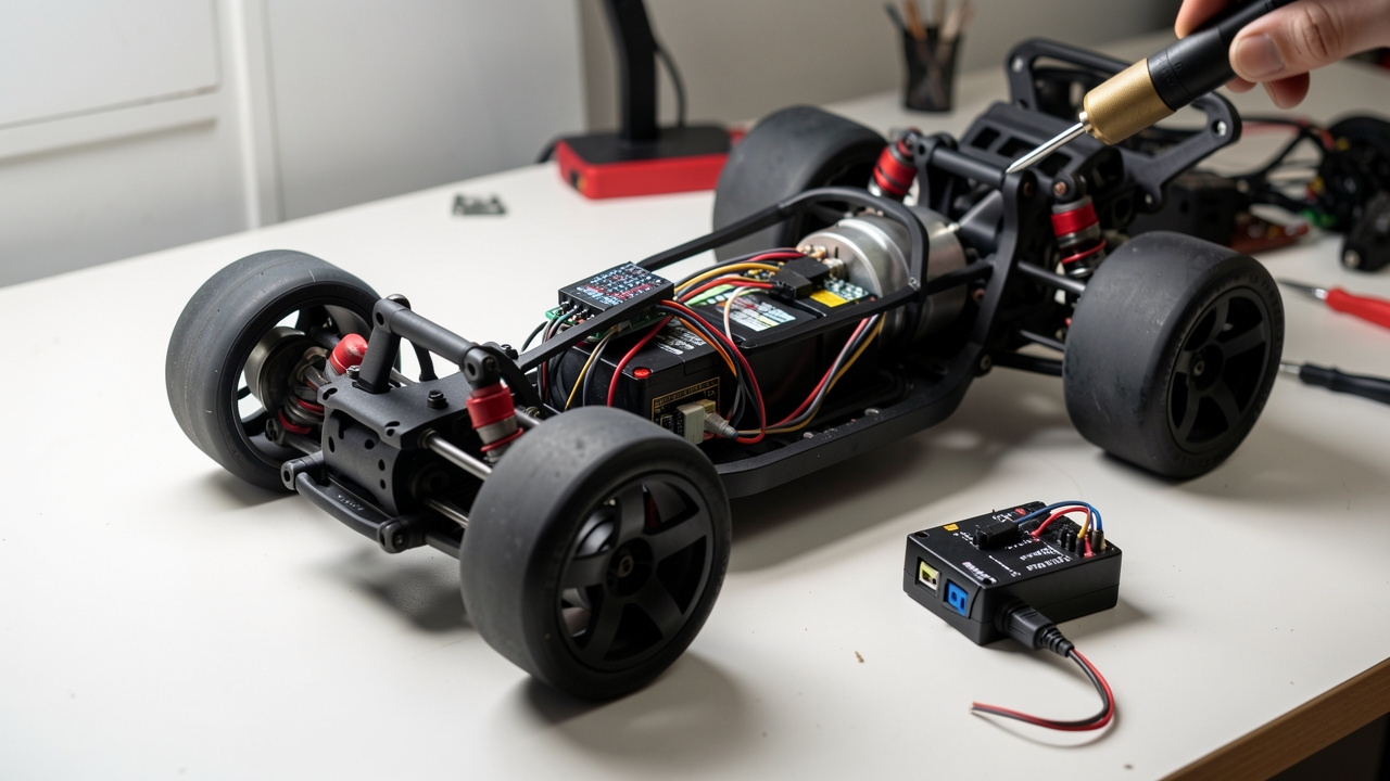 Voiture radiocommandée électrique sur un établi, avec le châssis ouvert et le variateur électronique ajusté avec précision près du moteur et de la batterie.