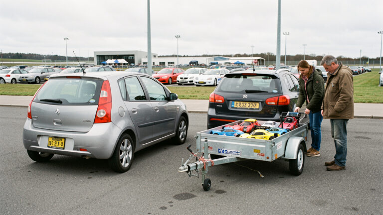 Une voiture familiale remorque une petite plateforme chargée de voitures radiocommandées, tandis qu’un homme et une femme vérifient l’attelage et les équipements de sécurité dans un paddock.