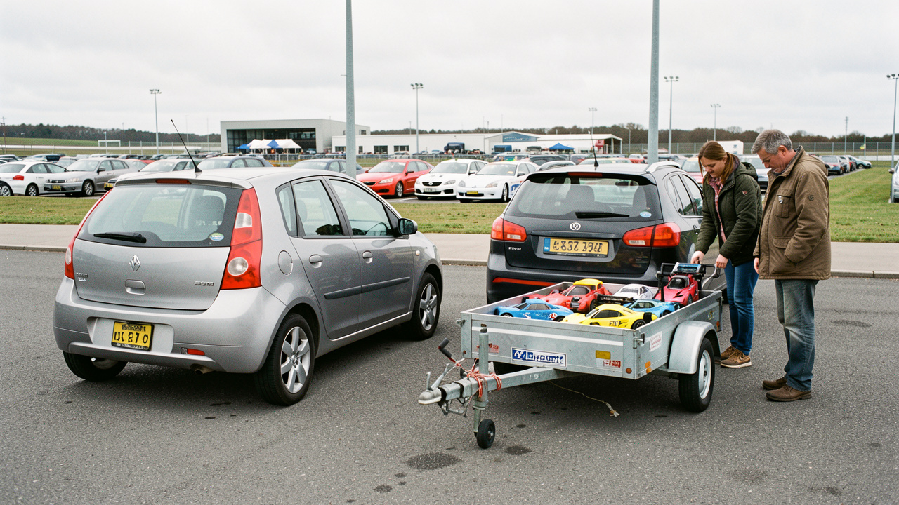 Une voiture familiale remorque une petite plateforme chargée de voitures radiocommandées, tandis qu’un homme et une femme vérifient l’attelage et les équipements de sécurité dans un paddock.