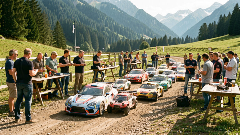 Rencontre conviviale de passionnés de voitures radiocommandées sur un circuit extérieur entouré par les montagnes de Savoie et de Haute-Savoie.